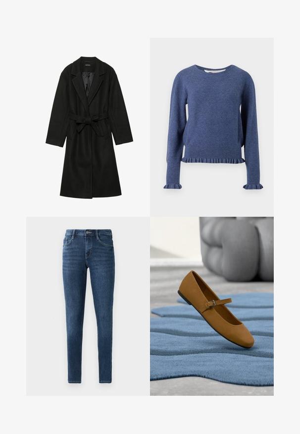 Even&Odd BELTED COAT - Mantel - black; Blauwe gebreide trui met een diamanten patroon, geribde zoom en geraffineerde mouwen. Ronde halslijn en losse pasvorm.; Donkerblauwe denim skinny jeans met een klassieke vijf-pocket ontwerp, voorzijde knoopsluiting en subtiele stiksel details. Glad textuur overal.; Bruine Mary Jane platte schoen met gespband zwevend boven een gestructureerd blauw vloerkleed, grijs gestoffeerd meubilair op de achtergrond.