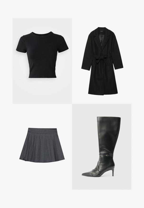 Even&Odd by Zalando BELTED COAT - Klassisk frakke - black; Sort cropped t-shirt lavet af solid bomuld, med korte ærmer og rund halsudskæring, med et glat og enkelt design.; Grå stribede skater nederdel med en tætsiddende talje, udformet i A-linje og en blød stofstruktur. Lodrette linjer øger den visuelle interesse.; Sorte knæhøje støvler i læder med en slank hæl, spids tå og remdetaljer ved anklen. Glat tekstur og tætsiddende design.