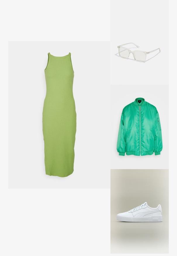 Vero Moda VMAMBER OVERSIZE JACKET - Μπουφάν τύπου bomber - bright green; Πλεκτό φόρεμα tank σε φωτεινό πράσινο με ριγωτή υφή, διαθέτει στρογγυλή λαιμόκοψη και εφαρμοστή σιλουέτα, φτάνοντας μέχρι το ύψος της μέσης κνήμης.; Λευκό χαμηλό παπούτσι Puma με δέσιμο κορδονιών και παχιά υφή σόλας σε ανοιχτό ουδέτερο φόντο.; Διάφανα πλαστικά γυαλιά με τετράγωνους σκελετούς και διαφανείς φακούς, με χρυσές λεπτομέρειες στους βραχίονες για επιπλέον στυλ.