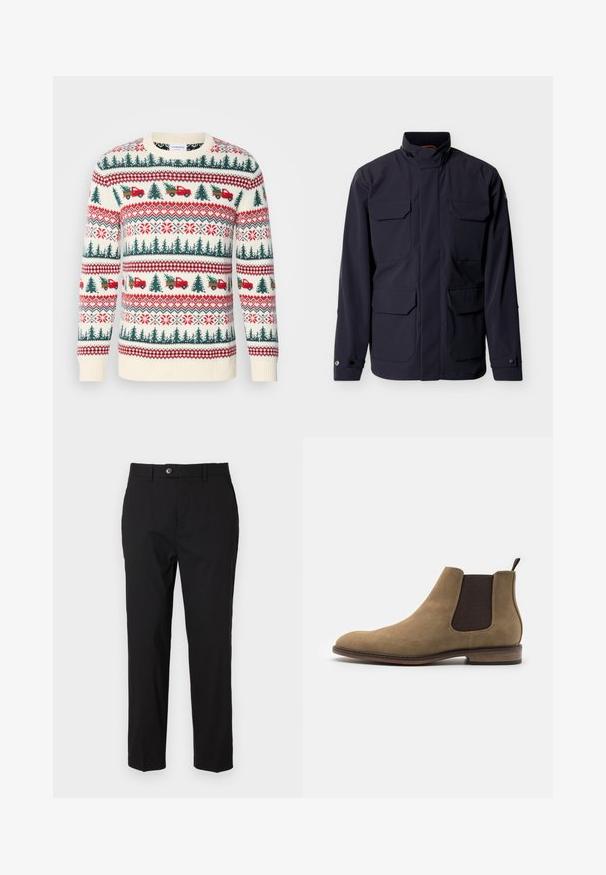 Mørkeblå jakke med høj krave, fire brystlommer med klap og manchetter med knapper, vist på en ensartet lys baggrund.; Strikket sweater med en cremet base, røde og grønne mønstre af træer, lastbiler og snefnug, med ribkanter ved ærmerne og kanten.; Sorte bukser lavet af glat stof, med knaplukning, bælteholdere og to sidelommer. Lige ben-udsnit med minimal detaljering.; Pier One Støvletter - beige