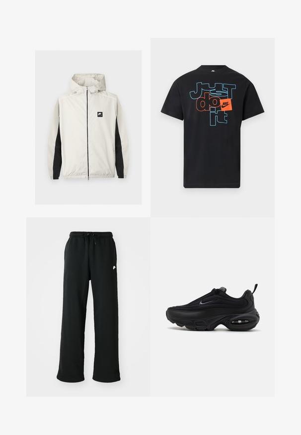 Vaaleanharmaa Nike Air -vetoketjullinen tuulitakki hupulla ja mustat paneelit hihojen sisäpuolella.; Musta Nike T-paita, jossa teksti "Just do it" sinisellä ääriviivalla ja oransseilla lohkokirjaimilla, etuvasemman puolen rinnassa oranssi Nike-logo.; Mustat collegehousut pehmeästä kankaasta, joissa on joustava vyötärönauha säädettävällä nyörillä ja pieni logo detail sivussa.; Musta urheilukenkä, jossa on sileä, teksturoitu päällinen. Varustettu pyöreällä kärjellä, pehmustetulla nilkalla ja näkyvällä ilmanalenkulalla pohjassa.
