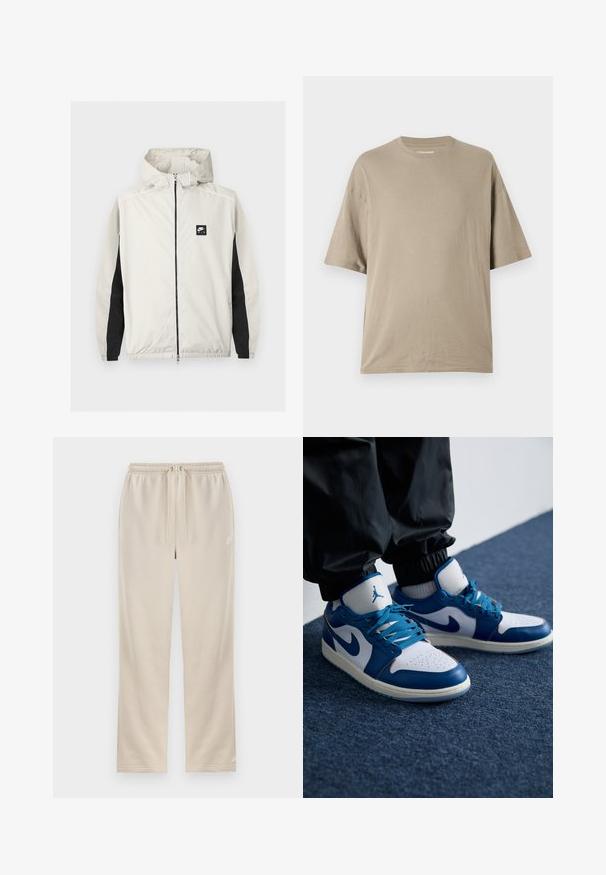 Cortavientos Nike Air color gris claro con cremallera y capucha, con paneles negros a lo largo de las mangas interiores.; Camiseta de manga corta beige hecha de algodón suave, con un diseño de cuello redondo y un corte relajado, con textura suave y detalles mínimos.; Pantalones deportivos beige Nike con cintura elástica, cordón, piernas rectas y pequeño logo blanco de swoosh en el muslo izquierdo.; Las zapatillas Nike Air Jordan cuentan con una base de cuero blanco con acentos sintéticos azules, una caja de dedos perforada y cordones azules.
