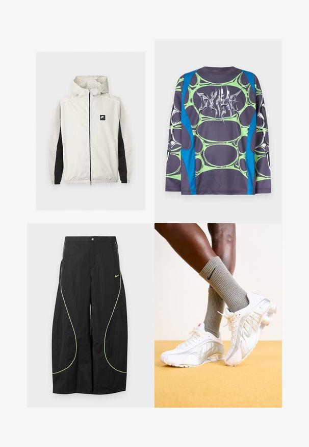 Lysegrå Nike Air vindjakke med lynlås og hætte samt sorte paneler langs de indvendige ærmer.; Langærmet skjorte lavet af glat stof med en mørk grå bund, grønne bobleagtige mønstre og blå accenter. Fronten har en stiliseret hvid grafik.; Sorte Nike bukser med brede ben, med neon-grøn buet piping og lille Nike swoosh-logo på højre lår, knap- og lynlåslukning i taljen.; Nike sneakers i hvid med sølv accenter, der har teksturerede paneler og perforeringer. Sammen med grå ribbede sokker, sat mod en gul baggrund.