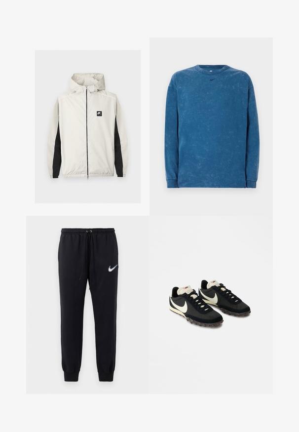 Hellgraue Nike Air Windjacke mit Reißverschluss, Kapuze und schwarzen Einsätzen an den inneren Ärmeln.; Langärmliges blaues Sweatshirt aus gewaschenem Baumwollstoff mit Rundhalsausschnitt und kleinem schwarzem Nike-Logo auf der Brust. Dezente Textur im gesamten Sweatshirt.; Schwarze Nike-Jogginghose mit elastischem Bund und Kordelzug. Sie hat schmal zulaufende Beine und ein weißes gesticktes Logo am linken Oberschenkel.; Schwarze Sportschuhe mit einer strukturierten Oberseite, weißem Swoosh-Logo und einer Gummisohle, die mit kleinen Noppen für besseren Halt ausgestattet ist. Beigefarbener Kragen.