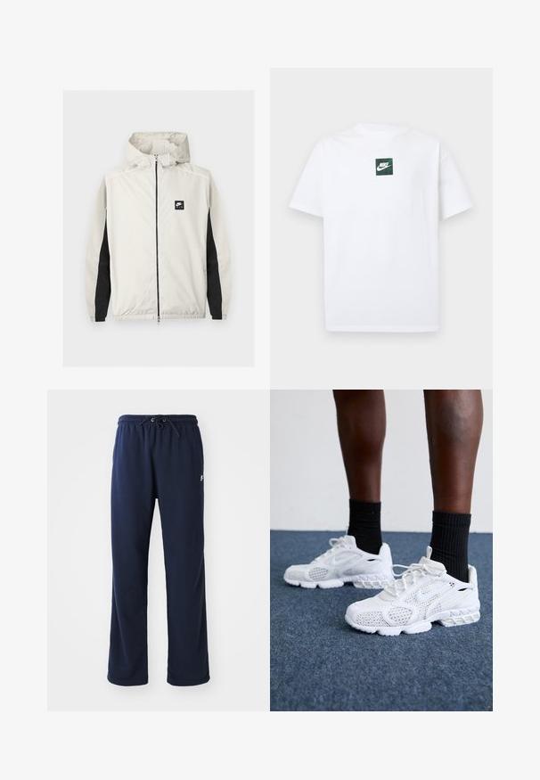 Vaaleanharmaa Nike Air -vetoketjullinen tuulitakki hupulla ja mustat paneelit hihojen sisäpuolella.; Valkoinen Nike-lyhythihainen T-paita, jossa pieni vihreä neliönmuotoinen logo, jossa on Nike Swoosh -merkki ja teksti rinnan keskellä.; Tummansinisiä collegehousuja, jotka on valmistettu pehmeästä kankaasta. Varustettu joustavalla vyötärökkäyllä, jossa on kiristysnauha, sivutaskuilla ja minimalistisella logodetaljilla.; Valkoiset urheilukengät, joissa on verkkomateriaali, teksturoidut yksityiskohdat ja pehmeä pohja. Yhdistetty mustiin ribbikuvioisiin nilkkasukkiin sinisellä matolla.