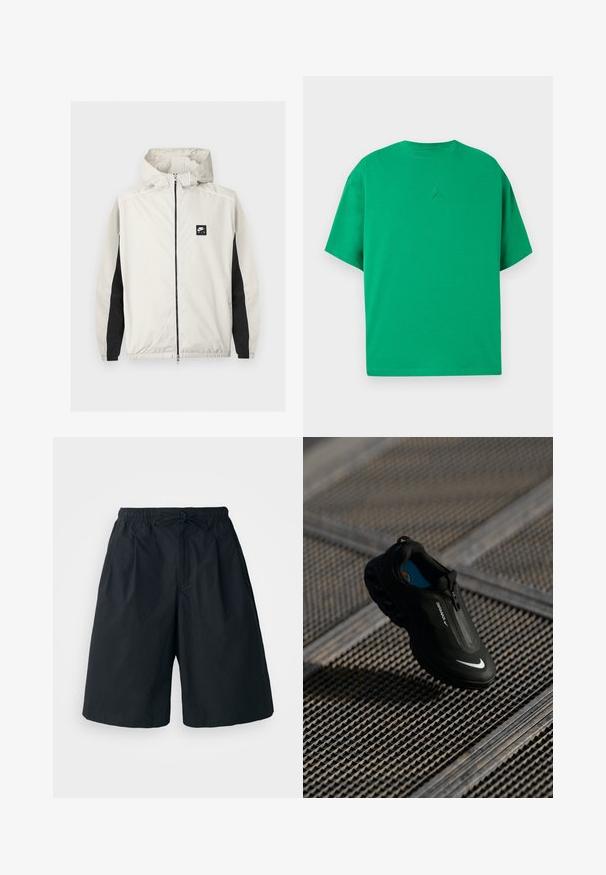 Cortavientos Nike Air color gris claro con cremallera y capucha, con paneles negros a lo largo de las mangas interiores.; Camiseta verde de manga corta con cuello redondo y pequeño logo Jumpman en relieve centrado en el pecho.; Pantalones cortos negros con cintura elástica y cordón ajustable. Hechos de una tela suave, con un corte holgado y sin patrones visibles.; Zapatilla Nike Air Max negra con un diseño elegante, cierre de cremallera, parte superior texturizada y un logotipo blanco prominente en el lateral, ubicada sobre un fondo de rejilla.