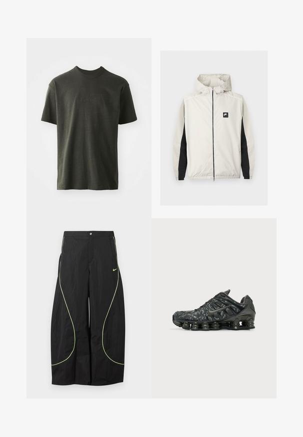 Cortavientos Nike Air color gris claro con cremallera y capucha, con paneles negros a lo largo de las mangas interiores.; Camiseta verde oscura de tela suave, con cuello redondo y mangas cortas. Logo "nike" bordado en un verde ligeramente más oscuro.; Pantalones anchos negros de Nike con ribete curvado en verde neón y pequeño logo de swoosh de Nike en el muslo derecho, cierre de botón y cremallera en la cintura.; Zapatilla de running negra de Nike con amortiguación segmentada en la suela y patrón moteado blanco en la parte superior de la tela, vista desde el exterior.