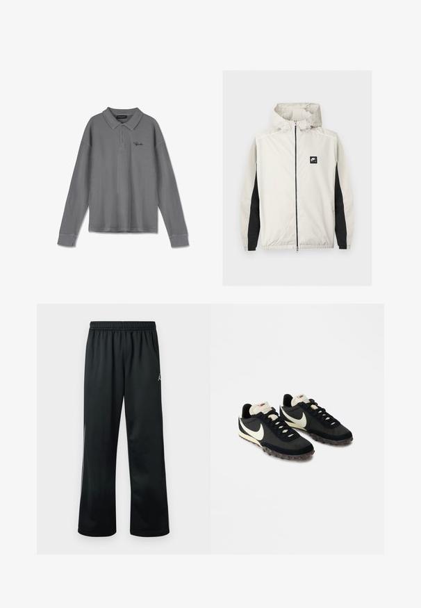Hellgraue Nike Air Windjacke mit Reißverschluss, Kapuze und schwarzen Einsätzen an den inneren Ärmeln.; Langarm-Polohemd aus gestreiftem grauem Stoff. Verfügt über einen Kragen, eine Drei-Knopf-Leiste und dezente schwarze Markenkennzeichnung auf der Brust.; Schwarze Sporthose mit elastischem Bund, versehen mit einem weißen Logo an der oberen Seite und einem glatten, leichten Stoff.; Schwarze Sportschuhe mit einer strukturierten Oberseite, weißem Swoosh-Logo und einer Gummisohle, die mit kleinen Noppen für besseren Halt ausgestattet ist. Beigefarbener Kragen.