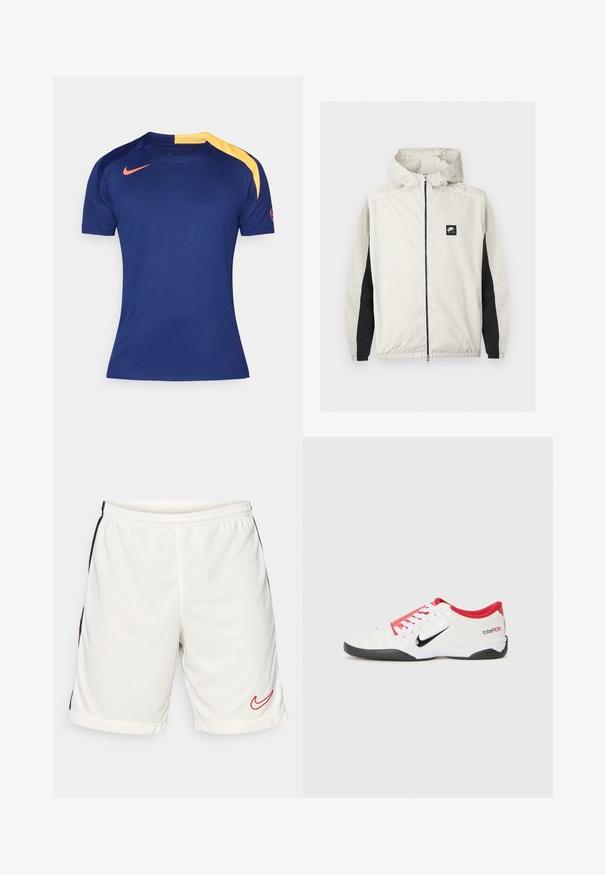 Lysegrå Nike Air vindjakke med lynlås og hætte samt sorte paneler langs de indvendige ærmer.; Mørkeblå sports T-shirt med korte ærmer, gult skulderpanel og rødt Nike-swoosh på brystet og ærmet.; Hvide træningsshorts lavet af glat stof med en sort sidelogo-stribe og et rødt Nike-logo på det nederste venstre kant. Elastisk talje inkluderet.; Hvide atletiske sko med røde accenter, sort Swoosh-logo og struktureret design. Har hvide snørebånd og en sort ydersål. Teksten læser "total90."
