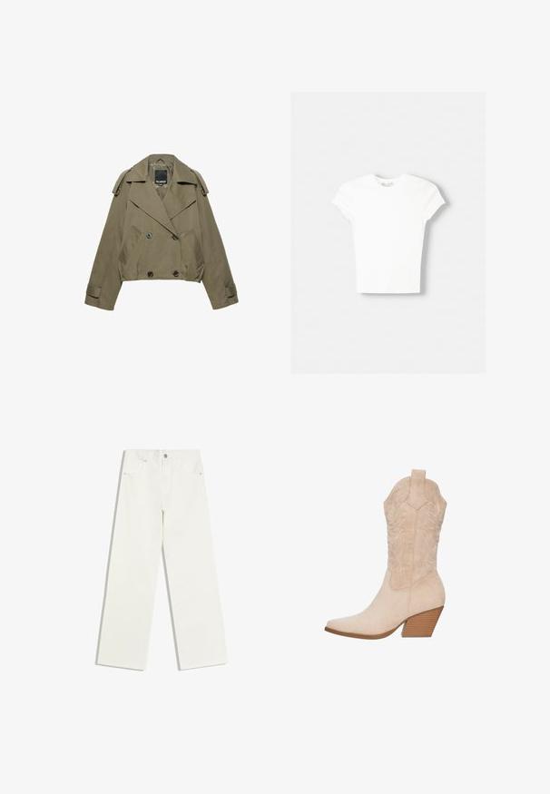 Kort trenchcoat i olivengrøn med dobbeltradede knapper, brede revers, skulderstropper og forlommer.; Hvid kortærmet t-shirt lavet af blød bomuld, med rund halsudskæring og en tætsiddende form. Ingen synlige mønstre eller udsmykninger.; Hvide jeans med højt liv og lige ben, med forlommer og knaplukning på hvid baggrund.; Beige svinemærkestøvle med spids tå, broderede detaljer på skaftet og en stablet træhæle.