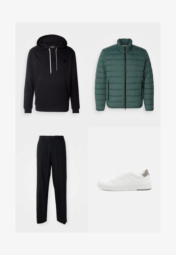 Grüne Pufferjacke mit horizontalen Nähten, hohem Kragen, durchgehendem Reißverschluss vorne und zwei seitlichen Reißverschlusstaschen. Glatte Textur ohne Muster.; Schwarzer Hoodie aus weichem Material mit einer vorderen Kängurutasche, Kapuze mit Kordelzug und kleinem schwarzen Logopatch auf der Brust.; Schwarze gerade geschnittene Hosen mit Gürtelschlaufen, Knopfschluss und einem eleganten, minimalistischen Design auf einem neutralen Hintergrund.; Weißer Sneaker aus glattem Leder, runde Zehenpartie, minimalistisches Design, graue Fersenkante und strukturierte Gummisohle.