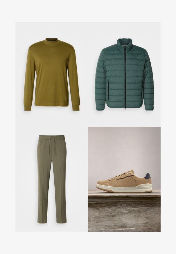 Grüne Pufferjacke mit horizontalen Nähten, hohem Kragen, durchgehendem Reißverschluss vorne und zwei seitlichen Reißverschlusstaschen. Glatte Textur ohne Muster.; Olivengrünes Langarm-Turtleneck-Shirt aus weicher Stoff, mit taillierter Passform und geripptem Kragen sowie Ärmeln.; Olivengrüne, leichte Hose mit elastischem Bund und verstellbarem Kordelzug; gerades Bein Design und glatte Textur.; Beige Wildlederschuhe mit weißer Gummisohle, ausgestattet mit beigen Schnürsenkeln, marineblauen Akzenten und perforierten Details im Zehenbereich.