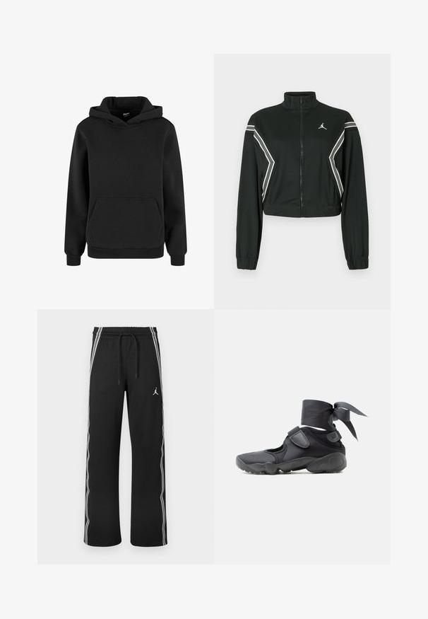 Veste noire courte zippée avec col montant, poignets élastiques, rayures blanches et grises en biais sur les manches et les côtés, et petit logo blanc sur la poitrine.; Sweat à capuche noir avec manches longues et poche kangourou à l'avant, confectionné en tissu doux avec poignets et ourlet côtelés.; Pantalon de sport noir avec des bandes blanches sur les côtés, taille élastique avec cordons de serrage, et un petit logo Jumpman sur la cuisse droite.; Chaussure de sport noire avec des découpes, des brides en velcro et un lacet autour de la cheville noué en un nœud, vue de côté sur un fond blanc.
