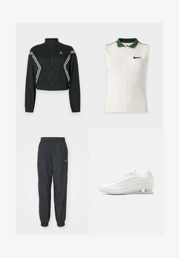 Veste noire courte zippée avec col montant, poignets élastiques, rayures blanches et grises en biais sur les manches et les côtés, et petit logo blanc sur la poitrine.; Haut sans manches blanc Nike avec texture côtelée, col vert foncé, demi-fermeture éclair et logo Nike noir sur la poitrine.; Pantalons de survêtement Nike noirs en tissu léger, dotés d'une taille élastique et de poignets élastiques, avec un petit logo blanc sur la jambe gauche.; Chaussure de sport Nike blanche avec des motifs ondulés texturés et un coussin d'air visible dans la semelle, vue de côté sur un fond neutre.