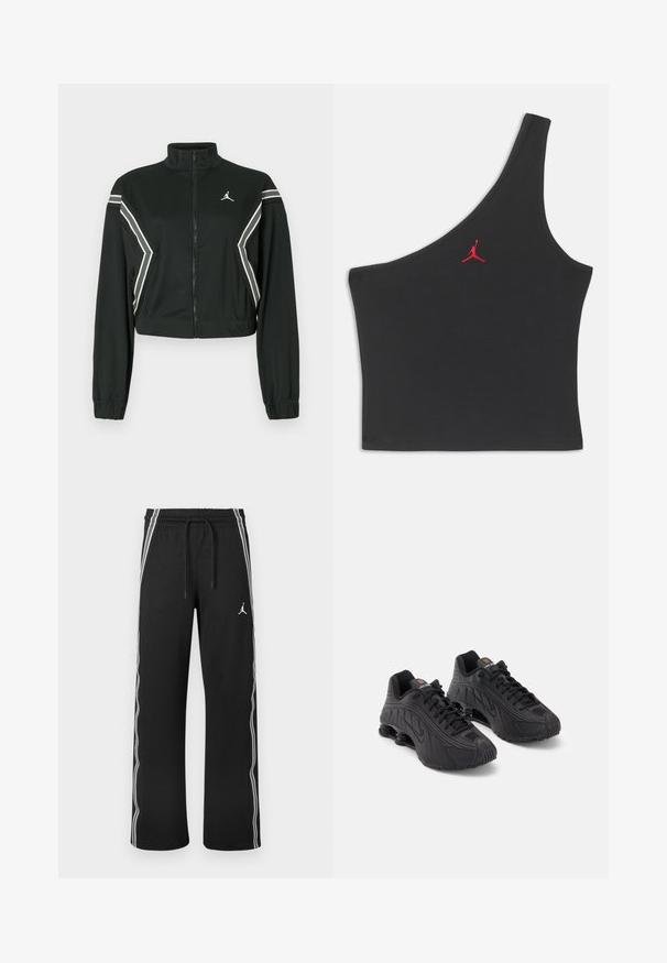 Sort cropped zip-jakke med høj krave, elastiske manchetter, hvide og grå skrå striber på ærmer og sider, samt et lille hvidt logo på brystet.; Sort one-shoulder crop top med rødt Jumpman-logo broderet i midten af brystområdet på en ensfarvet baggrund.; Sorte atletikbukser med hvide sidelister, elastisk taljebånd med snoretræk og en lille Jumpman-logo på højre lår.; Sorte atletiske sko med en glat syntetisk overdel, teksturerede detaljer, snørebåndsdesign og synlig fjederaffjedring ved hælen.