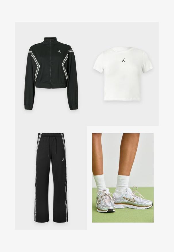 Zwarte korte zip-up jas met hoge kraag, elastische manchetten, witte en grijze schuinlopende strepen op de mouwen en zijkanten, en een klein wit logo op de borst.; Witte katoenen cropped t-shirt met een zwart Jumpman-logo in het midden. Korte mouwen en een ronde halslijn met een zachte textuur.; Zwarte sportbroek met witte strepen aan de zijkanten, een elastische tailleband met trekkoorden en een klein Jumpman-logo op de rechterdij.; Zilveren sportschoenen met witte en gouden accenten, voorzien van een mesh bovenkant, rubberen zool en een reflecterende afwerking. Sokken zichtbaar boven de enkel.
