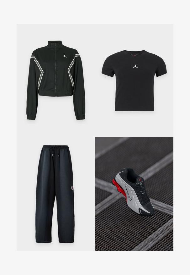 Sort cropped zip-jakke med høj krave, elastiske manchetter, hvide og grå skrå striber på ærmer og sider, samt et lille hvidt logo på brystet.; Sort kortærmet cropped T-shirt med hvidt Jumpman-logo centreret på brystet mod en plain baggrund.; Sorte sweatpants med elastisk talje og snor. Har sidelommer og et logo i rød og hvid på venstre ben. Blødt stof.; Sort og grå atletisk sko med rød polstret sål, sorte snørebånd og swoosh-logo hvilende på metalgitteroverflade.