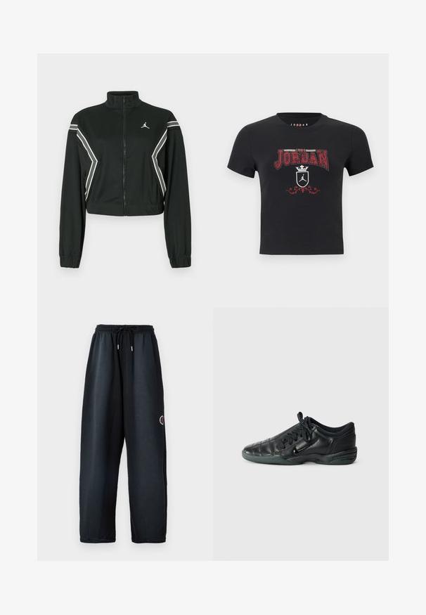 Chaqueta corta negra con cremallera y cuello alto, puños elásticos, franjas anguladas en blanco y gris en las mangas y los lados, y pequeño logotipo blanco en el pecho.; Camiseta negra de manga corta con texto rojo "1984 Jordan", corona blanca, escudo con el logo Jumpman y adorno rojo decorativo debajo.; Pantalones deportivos negros con cintura elástica y cordón. Presentan bolsillos laterales y un logotipo en rojo y blanco en la pierna izquierda. Tejido suave.; Zapatilla deportiva de cuero negro con un diseño acolchado, punta redondeada, cordones en la parte delantera y suela de goma. Presenta un sutil logotipo en el lateral.