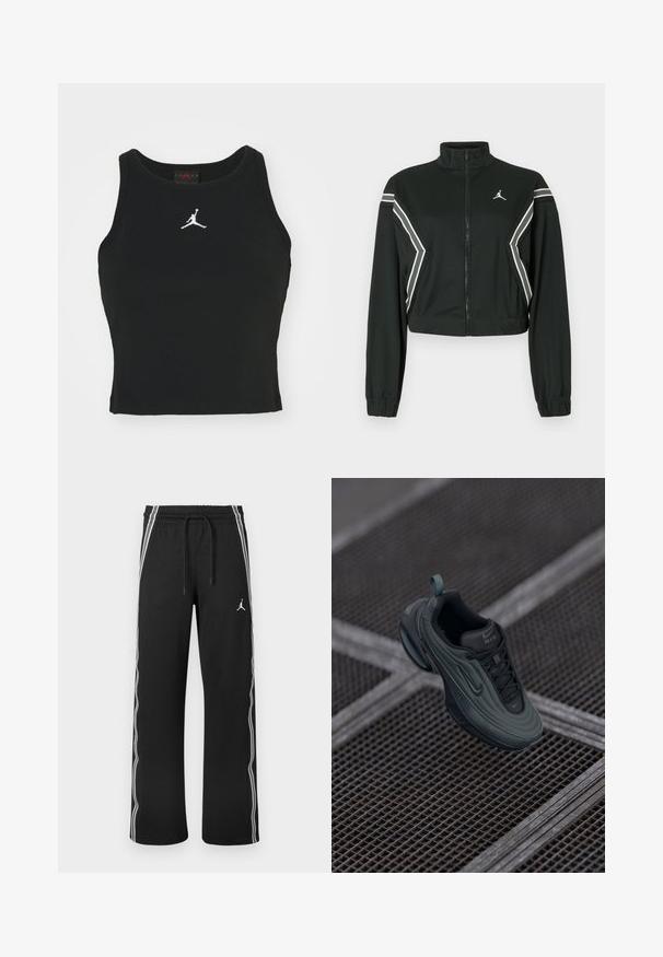 Chaqueta corta negra con cremallera y cuello alto, puños elásticos, franjas anguladas en blanco y gris en las mangas y los lados, y pequeño logotipo blanco en el pecho.; Top ajustado negro de algodón, con un escote redondo y un logo de Jordan blanco bordado en el centro del frente. Textura suave.; Pantalones deportivos negros con franjas blancas en los costados, cintura elástica con cordones y un pequeño logo Jumpman en el muslo derecho.; Zapatilla Nike Air en verde oscuro y negro flotando sobre un suelo de rejilla de metal, mostrando los detalles de diseño de su lado y parte superior.