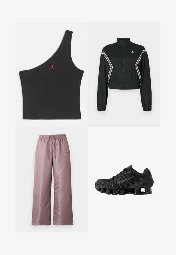 Veste noire courte zippée avec col montant, poignets élastiques, rayures blanches et grises en biais sur les manches et les côtés, et petit logo blanc sur la poitrine.; Haut court noir à une épaule avec logo Jumpman rouge brodé au centre de la poitrine sur un fond uni.; Pantalon ample rose clair en nylon lisse. Doté d'une taille élastique avec cordon de serrage et portant un logo sur le côté.; Chaussure de sport noire avec une tige en mesh et des superpositions brillantes. Dotée d'un amorti à ressorts courbés et de lignes texturées sur le côté. Logo Nike visible.