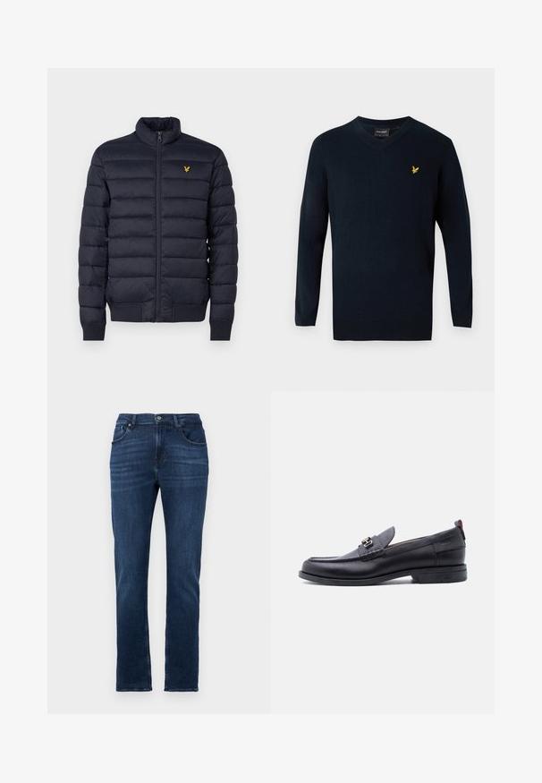 Marineblauer Puffer-Jacke mit hohem Kragen, horizontal gestepptem Muster, Reißverschluss vorne und gerippten cuffs. Enthält ein kleines goldenes Logo auf der Brust.; Navy V-Ausschnitt-Pullover aus weichem Material, mit langen Ärmeln und einem kleinen gelben gestickten Logo auf der linken Brustseite.; Dunkelblaue Jeans aus Denim mit geradem Bein, fünf Taschen und Knopfverschluss. Gleichmäßige Textur mit dezenten Ausbleichdetails.; Schwarzer Lederloafer mit grauem, strukturiertem Vorderblatt, silberner Metallschnalle, niedrigem Absatz und Zuglasche hinten.