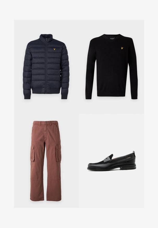Chaqueta acolchada navy con cuello alto, textura de costura horizontal, cierre de cremallera en la parte delantera y puños de canalé. Presenta un pequeño logo dorado en el pecho.; Suéter negro de cuello en v hecho de un material de punto suave, con mangas largas y un logo amarillo bordado en el lado izquierdo del pecho. Diseño sencillo.; Pantalones cargo en color óxido, hechos de una tela resistente. Presentan grandes bolsillos laterales, piernas rectas y cierre de botones en la cintura.; Mocasín de cuero negro con detalle de tira gris, tacón bajo y suela texturizada, con la marca "HUGO" en oro en el lateral.