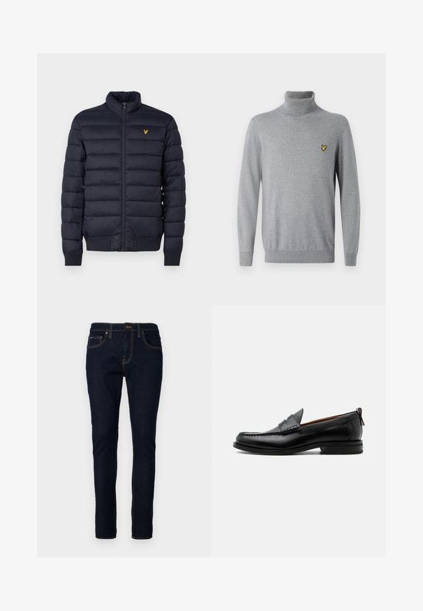 Marine pufferjack met een hoge hals, horizontaal gestikte textuur, ritssluiting aan de voorkant en ribgebreide manchetten. Beschikt over een klein gouden logo op de borst.; Grijze coltrui gemaakt van zachte stof, met een slim fit en een klein geborduurd geel logo op de borst.; Donkerblauwe denim jeans met een slim fit, voorzien van stiksel details, vijf zakken en een knoopsluiting bij de taille.; Zwarte leren herensloffen met moc toe stiksel, pennyriem, gestructureerde kraag en lage gestapelde hak op witte achtergrond.