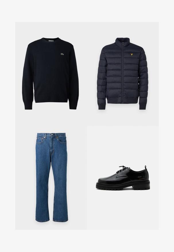 Tumesinine puffjakker kõrge kaelusega, horisontaalsed õmblustekstid, lukuga ees ja soonikkäised. Rinnal on väike kuldne logo.; Tumed crew-neck kampsun, mis on valmistatud pehmest materjalist, ribaga varrukate ja alläärge. Rindkere peal väike roheline Lacoste logo.; Sinised sirge säärega teksapüksid, ees nööbi ja tõmblukuga, viis taskut ning oranžid õmblused lihtsal taustal.; Mustast poleeritud nahast paeltega jalanõu paksu kummist tallaga ja madala kontsaga, küljes brändi nimi „SAMSOE“ ning taga tõmbenööriga.
