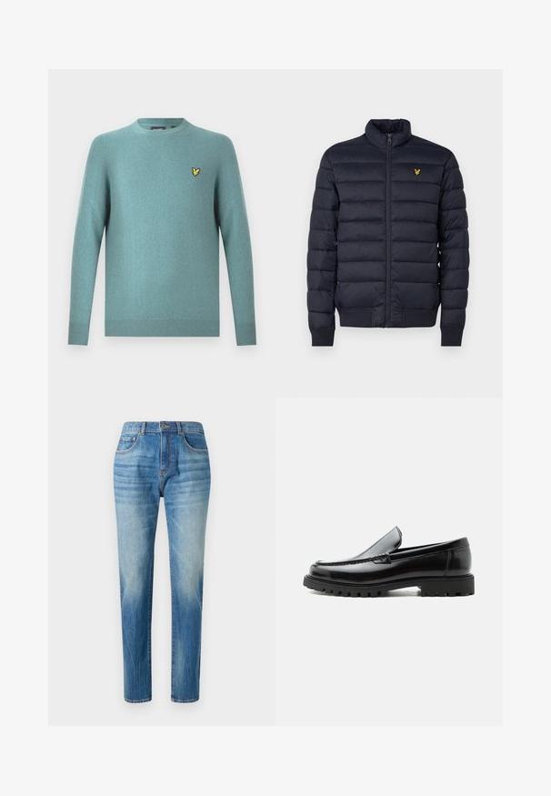 Marineblå pufferjakke med høj krave, vandret quiltet struktur, lynlåslukning foran og ribbet manchetter. Har et lille gyldent logo på brystet.; Crewneck-sweater i blødt tealstof med lange ærmer og ribbet kant. Broderet gul logo på brystet.; Lyseblå denimjeans med lige ben, høj talje, subtilt slid og klassisk fem-lomme-design. Metalknaplukning.; Sort læderloafer med chunky gummisål, syet overdel og præget mærkenavn på hælen, vist i sideprofil på hvid baggrund.