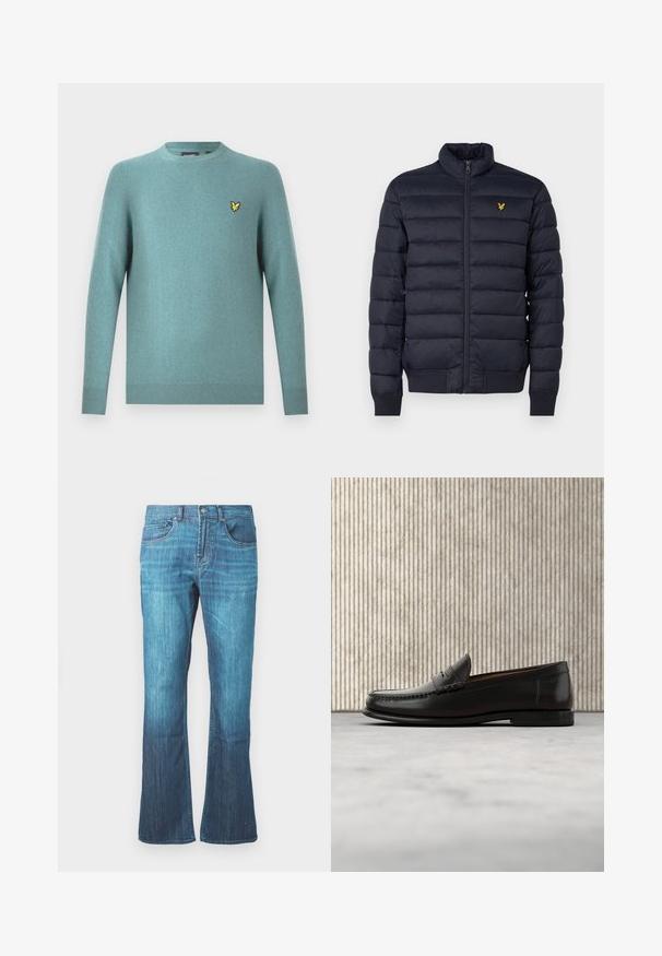 Chaqueta acolchada navy con cuello alto, textura de costura horizontal, cierre de cremallera en la parte delantera y puños de canalé. Presenta un pequeño logo dorado en el pecho.; Suéter de cuello redondo en tejido suave color verde azulado, con mangas largas y borde acanalado. Detalle de logo bordado en amarillo en el pecho.; Jeans de denim en lavado azul medio con un ligero acampanado en la parte inferior, diseño clásico de cinco bolsillos y cierre frontal con botón y cremallera.; Mocasín penny de cuero negro con tacón bajo, punta redondeada y detalles cosidos en la parte delantera y los laterales, mostrado sobre un fondo neutro.