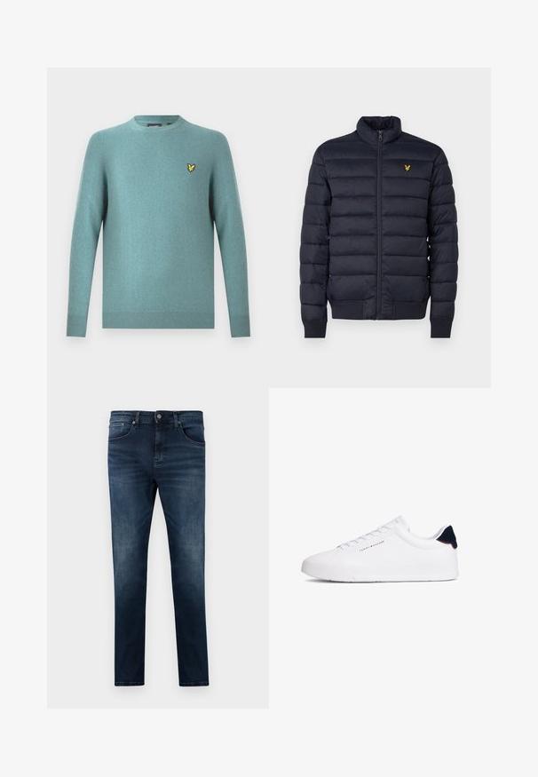 Chaqueta acolchada navy con cuello alto, textura de costura horizontal, cierre de cremallera en la parte delantera y puños de canalé. Presenta un pequeño logo dorado en el pecho.; Suéter de cuello redondo en tejido suave color verde azulado, con mangas largas y borde acanalado. Detalle de logo bordado en amarillo en el pecho.; Jeans de mezclilla azul oscuro con un corte slim, que presentan un diseño de pierna recta, cinco bolsillos y detalles en metal plateado. Textura de tela desteñida.; Zapatilla deportiva blanca con parte superior de cuero liso, puntera redondeada y suela plana. Cuenta con un detalle en azul marino en el talón y un logotipo discreto en el lateral.