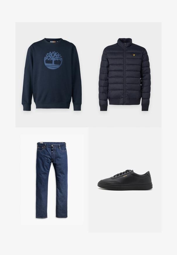 Marine pufferjack met een hoge hals, horizontaal gestikte textuur, ritssluiting aan de voorkant en ribgebreide manchetten. Beschikt over een klein gouden logo op de borst.; Timberland TREE LOGO CREW NECK - Sweater - dark sapphire; Donkerblauwe denim jeans met een recht pijpdesign, contrasterende stiksels, een knopenrits en vijf-pocketstijl.; Zwarte leren sneakers met een gladde textuur, ronde neus, platte rubberen zool en tonale veters. Kenmerkt zich door de gouden "BOSS" branding aan de zijkant.