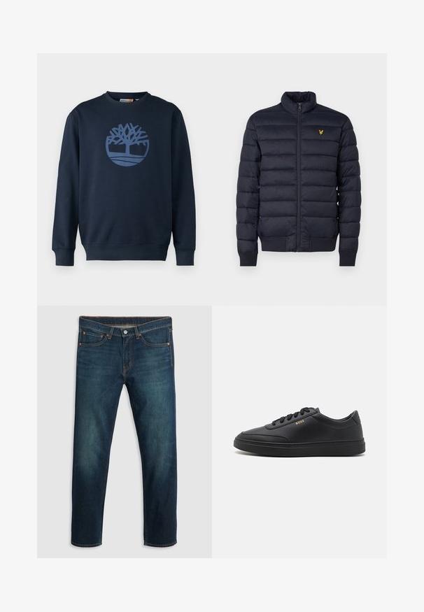 Marine pufferjack met een hoge hals, horizontaal gestikte textuur, ritssluiting aan de voorkant en ribgebreide manchetten. Beschikt over een klein gouden logo op de borst.; Timberland TREE LOGO CREW NECK - Sweater - dark sapphire; Donkerblauwe spijkerbroek met rechte pijpen, vijf zakken, koperen stiksels en een logo op de achterkant van de tailleband. Gladde textuur en klassieke pasvorm.; Zwarte leren sneakers met een gladde textuur, ronde neus, platte rubberen zool en tonale veters. Kenmerkt zich door de gouden "BOSS" branding aan de zijkant.