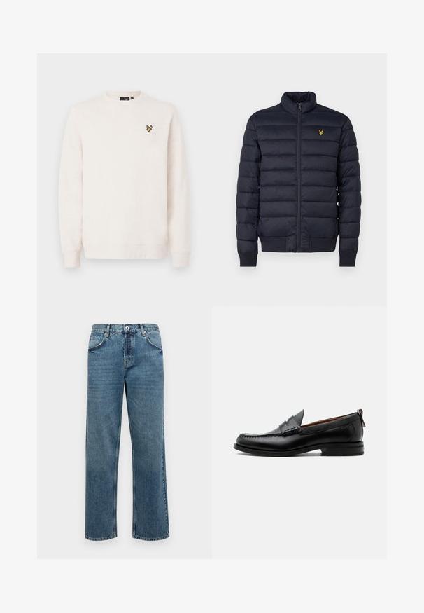 Marineblå pufferjakke med høj krave, vandret quiltet struktur, lynlåslukning foran og ribbet manchetter. Har et lille gyldent logo på brystet.; Off-white crewneck sweatshirt med lange ærmer og et lille gult og sort fuglelogo på venstre bryst.; Blå denimjeans med lige pasform, der har fem lommer, en knap- og lynlåslukning samt synlige stikninger.; Sort læder herre loafer med moc-tå syning, penny strop, struktureret krave og lav stablet hæl på hvid baggrund.