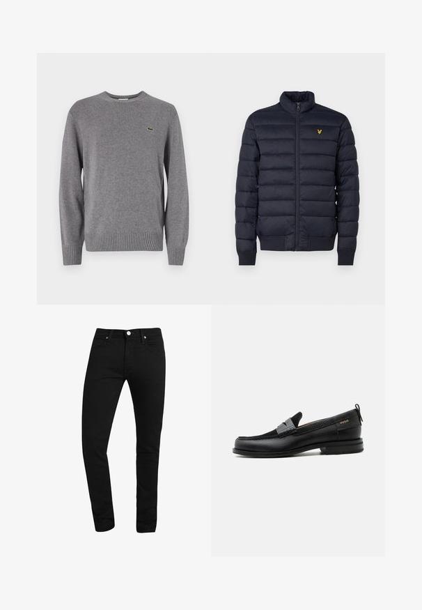 Marineblauer Puffer-Jacke mit hohem Kragen, horizontal gestepptem Muster, Reißverschluss vorne und gerippten cuffs. Enthält ein kleines goldenes Logo auf der Brust.; Grauer gestrickter Pullover mit Rundhalsausschnitt, gerippten Bündchen und Saum, versehen mit einem kleinen grünen Krokodil-Logo auf der linken Brust.; Schwarze Slim-Fit-Jeans mit Fronttaschen, Gürtelschlaufen, Knopfverschluss und sichtbarer Naht auf weißem Hintergrund.; Schwarzer Lederloafer mit grauem Riemendetail, niedrigem Absatz und strukturierter Sohle, seitlich mit „HUGO“ in Gold gebrandmarkt.