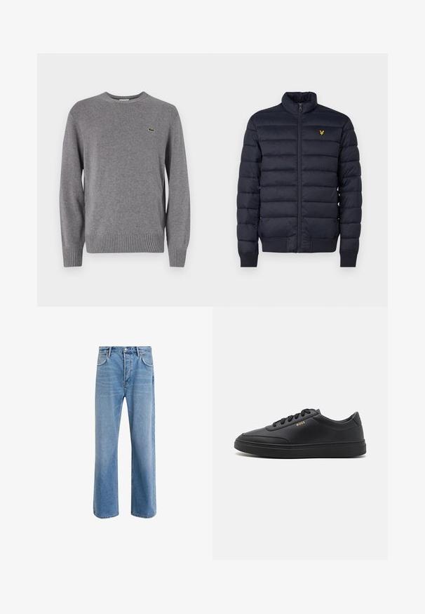Marineblauer Puffer-Jacke mit hohem Kragen, horizontal gestepptem Muster, Reißverschluss vorne und gerippten cuffs. Enthält ein kleines goldenes Logo auf der Brust.; Grauer gestrickter Pullover mit Rundhalsausschnitt, gerippten Bündchen und Saum, versehen mit einem kleinen grünen Krokodil-Logo auf der linken Brust.; Helle blaue Jeans im Geradeschnitt-Design, mit fünf Taschen, Knopfverschluss, minimaler Ausbleichung und kontrastierenden Nähdetails.; Schwarze Leder-Sneaker mit glatter Textur, runder Zehenpartie, flacher Gummisohle und einfarbigen Schnürsenkeln. Mit goldfarbenem "BOSS" Logo an der Seite.
