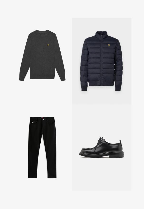 Chaqueta acolchada navy con cuello alto, textura de costura horizontal, cierre de cremallera en la parte delantera y puños de canalé. Presenta un pequeño logo dorado en el pecho.; Suéter de cuello redondo en gris oscuro, hecho de una tela suave. Presenta un pequeño logotipo amarillo bordado en el pecho. Mangas largas con puños acanalados.; Vaqueros negros de corte ajustado con cinco bolsillos, cierre de botones y un pequeño logo en el bolsillo delantero derecho, mostrados sobre un fondo blanco.; Calvin Klein LACE UP APRON BRUSH OFF - Zapatos de vestir - black