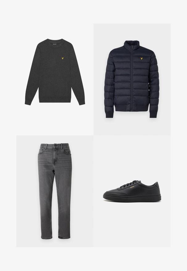 Chaqueta acolchada navy con cuello alto, textura de costura horizontal, cierre de cremallera en la parte delantera y puños de canalé. Presenta un pequeño logo dorado en el pecho.; Suéter de cuello redondo en gris oscuro, hecho de una tela suave. Presenta un pequeño logotipo amarillo bordado en el pecho. Mangas largas con puños acanalados.; Jeans de mezclilla gris con un diseño de pierna recta, que cuentan con cinco bolsillos y un cierre de botón frontal. Textura suave con un ligero desgaste.; Zapatillas de cuero negro con una textura suave, punta redondeada, suela plana de goma y cordones a tono. Presentan el logotipo dorado "BOSS" en el lateral.