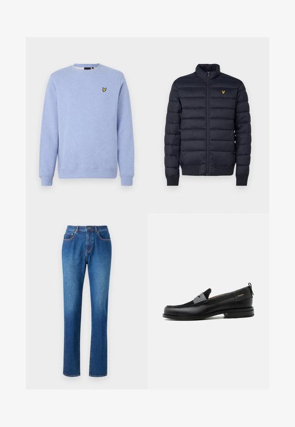 Chaqueta acolchada navy con cuello alto, textura de costura horizontal, cierre de cremallera en la parte delantera y puños de canalé. Presenta un pequeño logo dorado en el pecho.; Sudadera azul claro con cuello redondo, puños y bajo acanalados, con un pequeño logo amarillo de un pájaro en el pecho izquierdo.; Jeans de mezclilla azul con corte recto, cinco bolsillos, cinturilla con pasadores para cinturón y costuras contrastantes a lo largo de las costuras.; Mocasín de cuero negro con detalle de tira gris, tacón bajo y suela texturizada, con la marca "HUGO" en oro en el lateral.