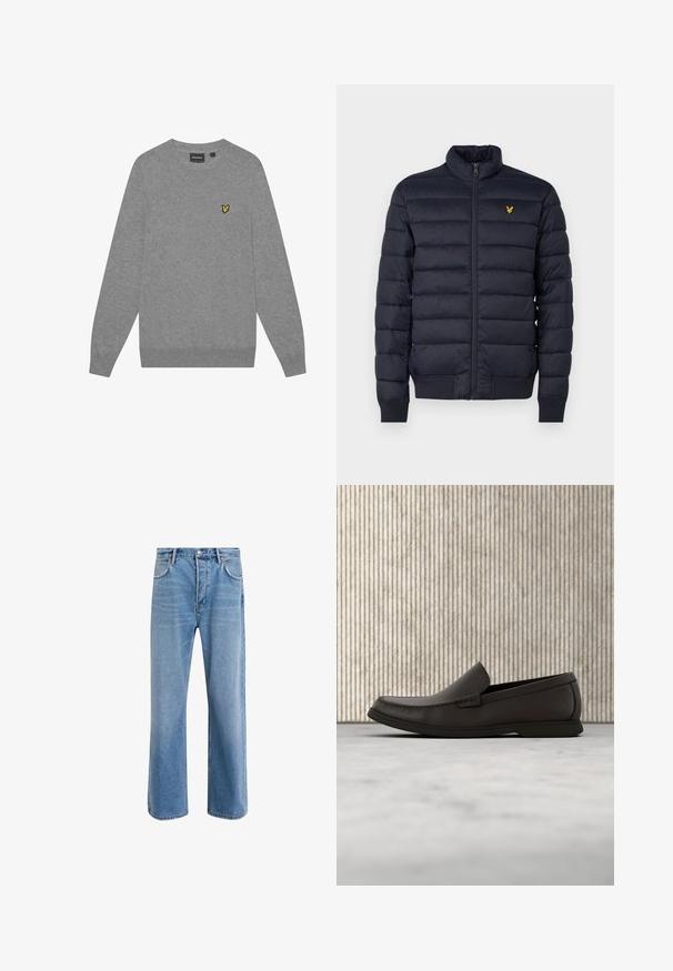 Marineblå pufferjakke med høj krave, vandret quiltet struktur, lynlåslukning foran og ribbet manchetter. Har et lille gyldent logo på brystet.; Grå sweater med lange ærmer, rund hals og ribbede manchetter. Har et lille gult broderet logo på venstre bryst. Lavet af blødt stof.; Lyseblå denim jeans med lige ben-design, fem lommer, knaplukning, minimal falming og kontraststingdetaljer.; Mørkebrun lædersko med elastik og hvid gummisål samt syninger, vist fra siden på en neutral baggrund.