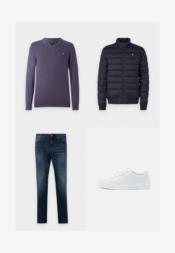 Chaqueta acolchada navy con cuello alto, textura de costura horizontal, cierre de cremallera en la parte delantera y puños de canalé. Presenta un pequeño logo dorado en el pecho.; Suéter morado con cuello en V, hecho de tela suave. Cuenta con mangas largas, puños y dobladillo acanalados, con un pequeño logo amarillo en el lado izquierdo del pecho.; Jeans de mezclilla azul oscuro con un corte slim, que presentan un diseño de pierna recta, cinco bolsillos y detalles en metal plateado. Textura de tela desteñida.; Zapatillas de cuero blanco con textura suave, puntera redondeada y costuras tonales. Cuentan con cordones azules y un logo dorado en el lateral.