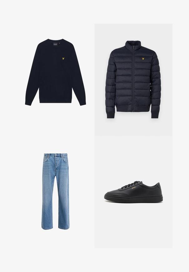 Marineblå pufferjakke med høj krave, vandret quiltet struktur, lynlåslukning foran og ribbet manchetter. Har et lille gyldent logo på brystet.; Mørkeblå langærmet crew neck sweater med et lille gult broderet ørnelogo på venstre bryst.; Lyseblå denim jeans med lige ben-design, fem lommer, knaplukning, minimal falming og kontraststingdetaljer.; Sorte lædersneakers med en glat overflade, rund tå, flad gummisål og tonede snørebånd. Udstyret med guld "BOSS" branding på siden.