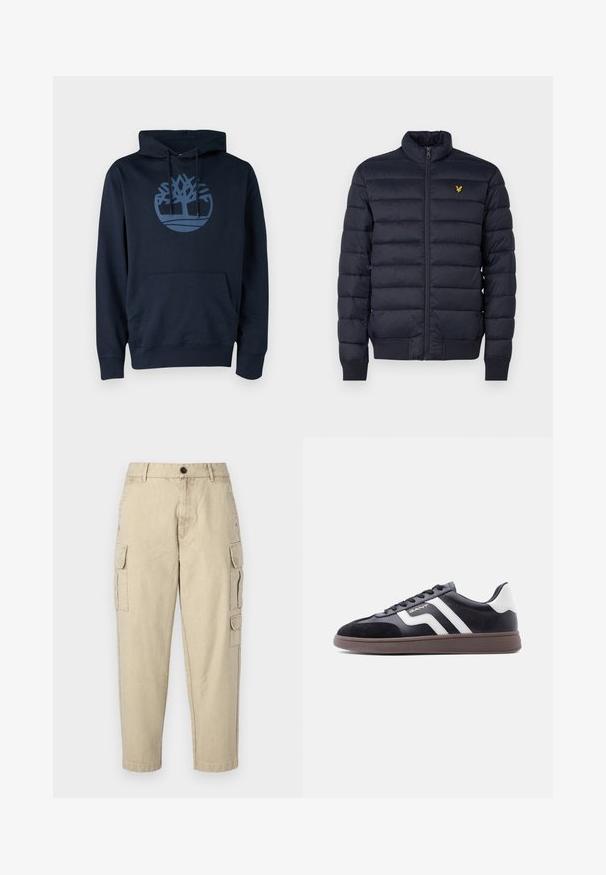 Marineblauer Puffer-Jacke mit hohem Kragen, horizontal gestepptem Muster, Reißverschluss vorne und gerippten cuffs. Enthält ein kleines goldenes Logo auf der Brust.; Dunkelblauer Hoodie aus Baumwollmischgewebe, mit einer Fronttasche und einem runden Baumlogo in einem helleren Blau auf der Brust.; Beige Cargo-Hosen aus weichem Stoff, mit seitlichen Taschen, einem Knopfverschluss und einer schmal zulaufenden Beinform.; Schwarze Sneaker aus Velours- und synthetischem Material mit weißen diagonalen Streifen und brauner, strukturierter Sohle. Verfügt über ein Schnürdesign und gepolsterten Kragen.