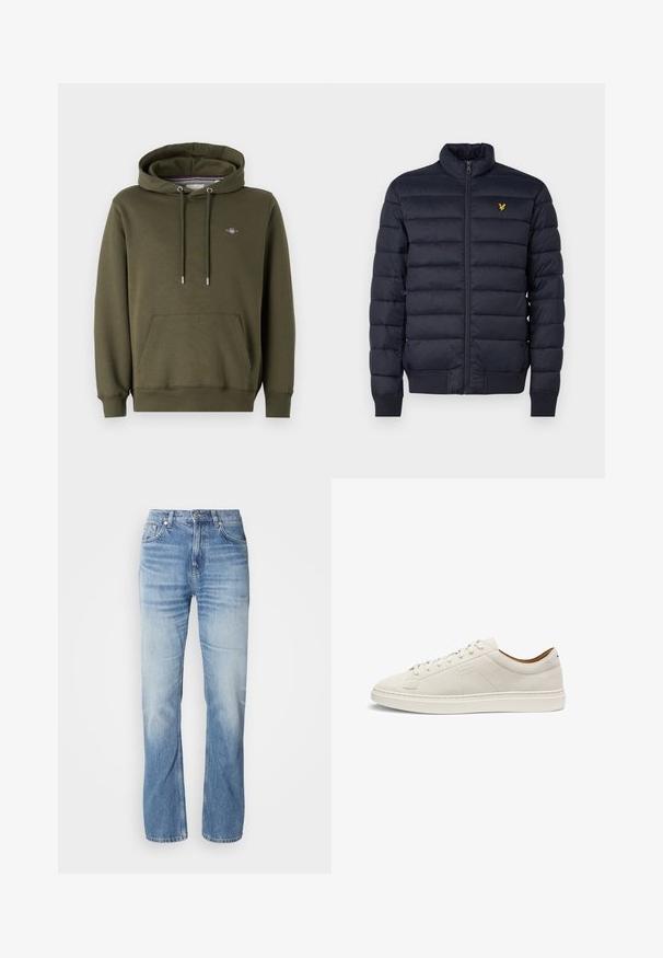 Marineblauer Puffer-Jacke mit hohem Kragen, horizontal gestepptem Muster, Reißverschluss vorne und gerippten cuffs. Enthält ein kleines goldenes Logo auf der Brust.; Olivgrüne Kapuzenjacke aus einem Baumwollmischgewebe, mit einer frontalen Kängurutasche, verstellbaren Zugbändern und einem kleinen Logo auf der Brust.; Hellblaue Jeans aus Denim mit geradem Bein, verblasstem Finish, fünf Taschen und Knopfverschluss. Klassisches Design und mittlere Dicke.; Beiger Wildleder-Sneaker in niedriger Ausführung mit passenden Schnürsenkeln, flacher Sohle und dezentem geprägtem "BOSS"-Logo an der Seite, seitliche Ansicht.