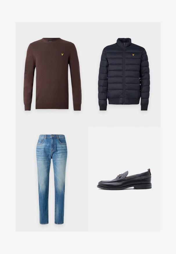 Chaqueta acolchada navy con cuello alto, textura de costura horizontal, cierre de cremallera en la parte delantera y puños de canalé. Presenta un pequeño logo dorado en el pecho.; Suéter marrón hecho de tela de punto suave, con cuello redondo y mangas largas. Acento bordado de un pájaro amarillo en el pecho.; Jeans de mezclilla azul claro, diseño de pierna recta, con una cintura alta, sutil desvanecimiento y un estilo clásico de cinco bolsillos. Cierre de botón de metal.; Mocasín de cuero negro con empeine gris texturizado, detalle de hebilla metálica plateada, tacón bajo y lengüeta para tirar en la parte trasera.