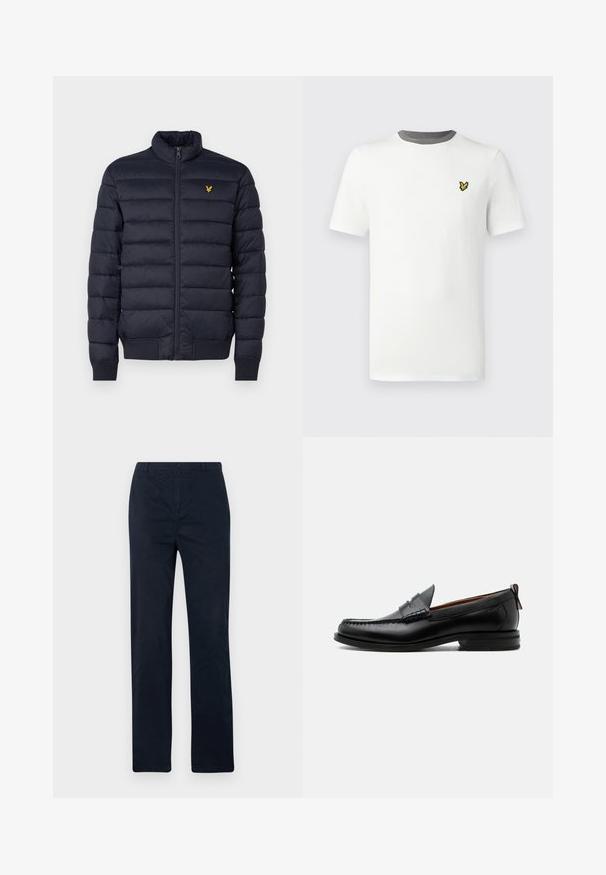 Doudoune marine avec col montant, texture à coutures horizontales, fermeture éclair devant et poignets côtes. Dispose d'un petit logo doré sur la poitrine.; T-shirt en coton blanc avec col rond, manches courtes, et col gris ; présente un petit logo jaune brodé sur la poitrine.; Pantalons bleu marine en coton, avec une coupe droite, fermeture à bouton à l'avant, et sans motifs ni accents visibles.; Mocassin homme en cuir noir avec couture moc toe, bride penny, col texturé et petit talon empilé sur fond blanc.