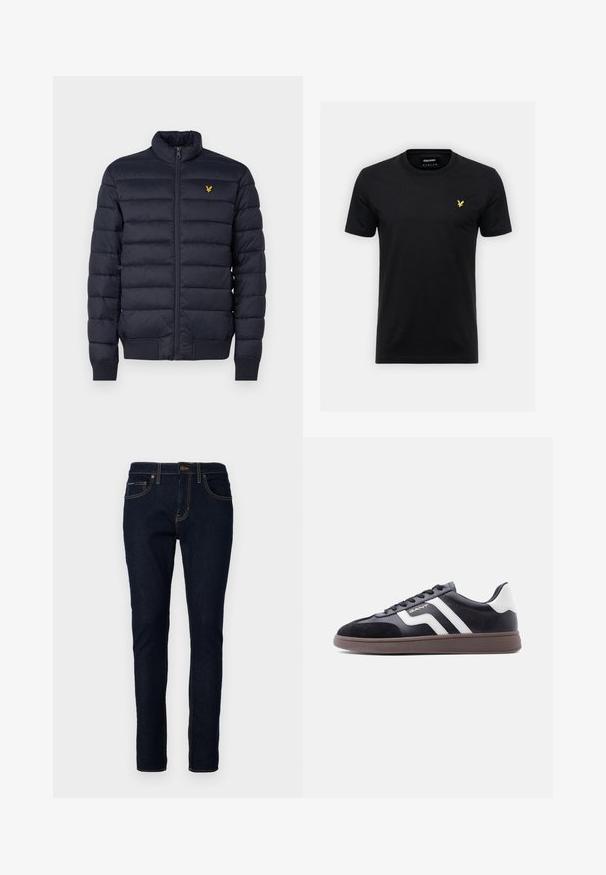Marineblauer Puffer-Jacke mit hohem Kragen, horizontal gestepptem Muster, Reißverschluss vorne und gerippten cuffs. Enthält ein kleines goldenes Logo auf der Brust.; Schwarzes Baumwoll-T-Shirt mit Rundhalsausschnitt und kurzen Ärmeln, mit einem kleinen gelben Adler-Logo auf der linken Brust. Schlichtes Design.; Dunkelblaue Jeans aus Denim im Slim-Fit, mit gestickten Details, fünf Taschen und einem Knopfverschluss an der Taille.; Schwarze Sneaker aus Velours- und synthetischem Material mit weißen diagonalen Streifen und brauner, strukturierter Sohle. Verfügt über ein Schnürdesign und gepolsterten Kragen.