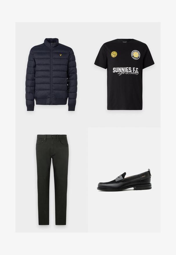 Doudoune marine avec col montant, texture à coutures horizontales, fermeture éclair devant et poignets côtes. Dispose d'un petit logo doré sur la poitrine.; T-shirt en coton noir arborant deux logos circulaires sur la poitrine. "Sunnies FC" est imprimé en lettres majuscules blanches avec des accents en cursive en dessous.; Pantalons en coton vert foncé avec une coupe slim. Dotés d'une jambe droite, de poches avant et d'une fermeture à bouton. Texture lisse, détails minimes.; Mocassin en cuir noir avec détail de bride grise, talon bas et semelle texturée, marqué "HUGO" en or sur le côté.