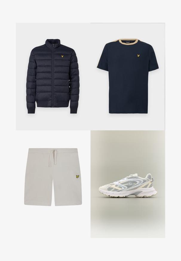 Doudoune marine avec col montant, texture à coutures horizontales, fermeture éclair devant et poignets côtes. Dispose d'un petit logo doré sur la poitrine.; T-shirt bleu marine en coton avec un col rond et des manches courtes. Doté d'une bordure beige et d'un petit logo brodé en or.; Shorts en coton gris clair avec une taille élastique et un cordon de serrage. Présente un petit logo jaune sur le côté gauche. Texture lisse.; Chaussure de sport blanche avec des panneaux en mesh gris, des superpositions texturées, un col rembourré et une semelle en caoutchouc dotée de petites pointes de traction.