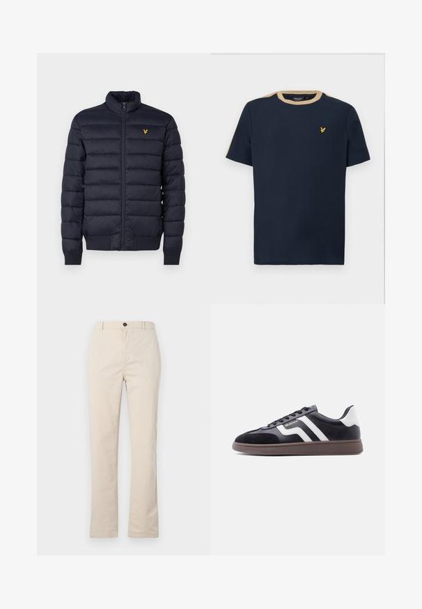 Doudoune marine avec col montant, texture à coutures horizontales, fermeture éclair devant et poignets côtes. Dispose d'un petit logo doré sur la poitrine.; T-shirt bleu marine en coton avec un col rond et des manches courtes. Doté d'une bordure beige et d'un petit logo brodé en or.; Pantalons en coton beige clair avec une coupe droite, dotés d'une fermeture à bouton à l'avant, d'une braguette zippée et de détails de couture minimalistes.; Baskets noires en suède et matériau synthétique, avec des bandes diagonales blanches et une semelle brun texturée. Elles présentent un design à lacets et un col rembourré.